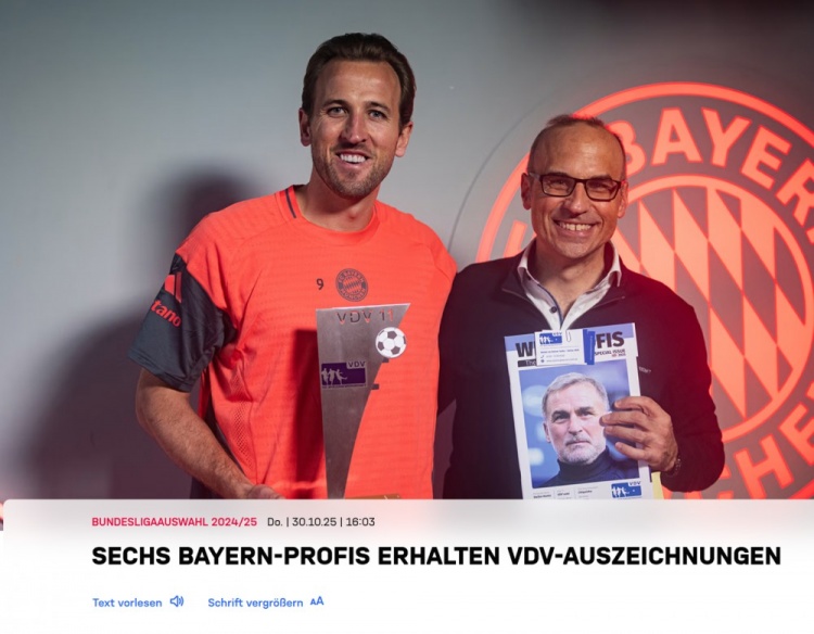 拜仁官方：凯恩等6将领取上赛季德国球员工会评选的最佳阵容奖杯